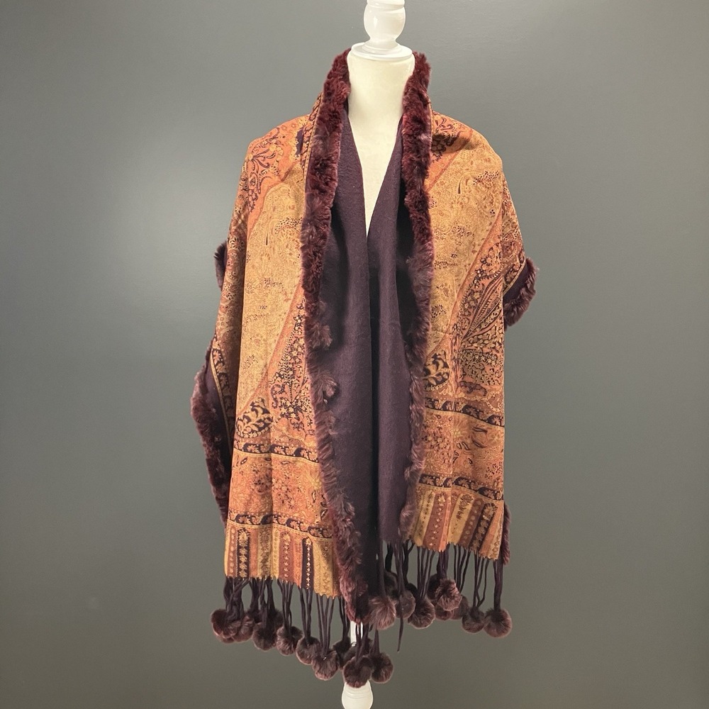Royal Grade Cashmere Paisley Wrap Shawl Burgundy Fur Trim Pom Pom Fringe